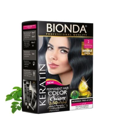 BIONDA Professional permanent hair color Color Cream 2 Blue Black 200ml Double pack Keratin & Moringa Care Longlasting intense color with shine 100 gray coverage
