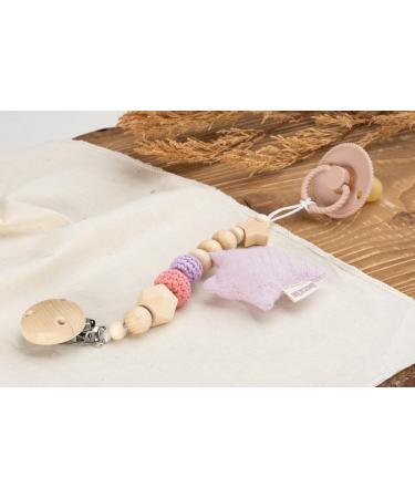 Personalized AngelicArt Nuckel Chain with Name Engraving for Boys & Girls | Custom Baby Gift | Natural Wood & Cotton Musselin Fabric (Pink Star) - Buy Online on GoSupps.com