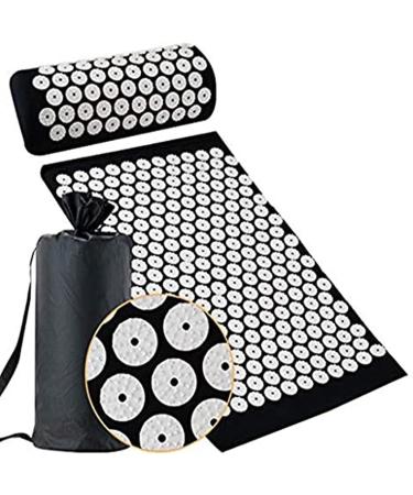 Acupuncture mat cushion set with a carrying bag yoga acupuncture-acupress matte mat for fitness massages relief from neck pain muscle tension sleep disorders Black
