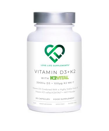 Vitamin D3 K2 and MCT Powder for Superior Absorption | Includes K2VITAL MK-7 - A Premium Form of K2 | 60 Capsules | 3000iu D3 + 100 g K2 | Love Life Supplements - Premium UK Supplements - Buy Online on GoSupps.com