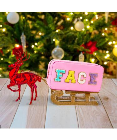 Nylon Waterproof Preppy Makeup Bag - Girls Chenille Letter Travel Organizer Pouch for Toiletries & Cosmetics, Pink-Face - Buy Online on GoSupps.com