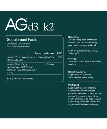 AG1 Vitamin D3 K2 Drops 1000IU of Vitamin D3 and 100mcg of K2 per Serving Supports Bone Density and Calcium Absorption (Athletic Greens) - Buy Online on GoSupps.com