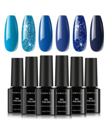 TOMICCA Gel Nail Polish, Navy Blue Series UV Gel Polish Set, Glitter Ocean Blue Long Lasting Nail Polish Home DIY Manicure Nail Salon