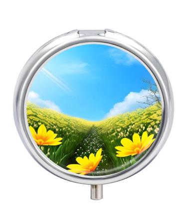 Pill Box Pill Case 3 Compartment Travel Pill Box Spring Flower Printing Small Pill Box Portable Medicine Pill Case Pill Organizer for Purse & Pocket for Travel Handbag (Round)
