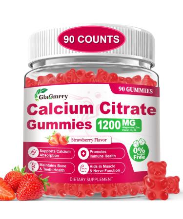 90 Count Calcium Citrate Gummies - 1200mg Calcium Gummies with Magnesium & 4 Essential Vitamins Support Bone, Muscle, Teeth, Immunity, Calcium Supplements for Women & Men, Strawberry Flavor 90 Count (Pack of 1)