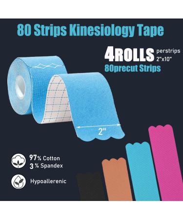 Kinesiology Tape Precut Strips | Waterproof Athletic Tape for Joint Support & Muscle Pain Relief | 4 Rolls - 66ft 80 Strips - Cotton K Tape (Multicolor - Buy Online on GoSupps.com