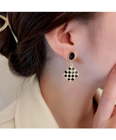 Vintage Black White Checkered Square Drop Earrings - Geometric Jewelry for Women - Stylish Black Disc Studs - Buy Online on GoSupps.com