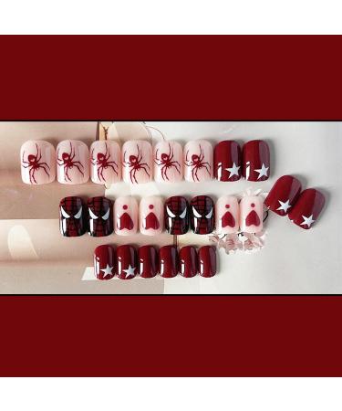 24pcs Halloween Press On Nails - Short Square Fake Nails with Red Spider Designs - Full Cover Acrylic Stick On Nails for Women & Men - Perfect for Parties & Cosplay Manicure - Buy Online on GoSupps.com
