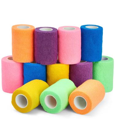 Pack of 12 Vet Wraps - Gauze Rolls - Cohesive Bandage - Bandage Wrap for Animals Assorted Colours 3 inches x 66.9 inches