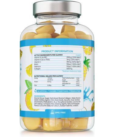 Collagen Complex - 90 Natural Pineapple Flavour Chewable Yummy Gummies - One a Day 500mg Hydrolysed Collagen Biotin Vitamin C and Selenium Healthy Skin and Hair for Men and Women UK Made 90 Gummies - Buy Online on GoSupps.com