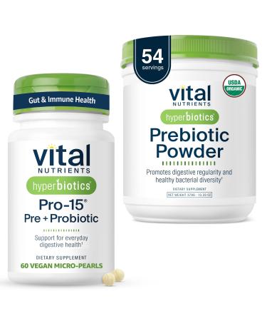 Hyperbiotics Vital Nutrients Gut Support Bundle Pro-15 Prebiotics + Probiotics (60 Time Release Pearls) & Organic Prebiotic Fiber Powder (54 Servings) for Gut Digestive & Immune Health Support
