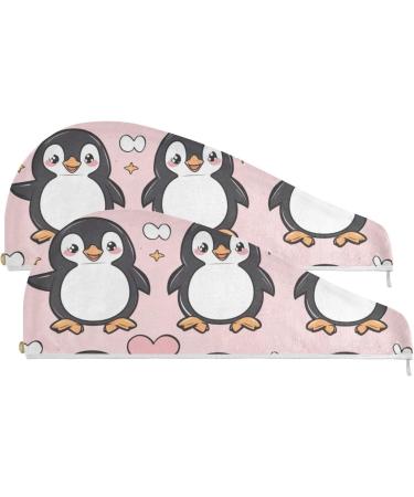Small Penguins Pink Hair Towel 2 Pack | Super Absorbent Quick Dry Hair Turbans for Women & Girls - Buy Online on GoSupps.com