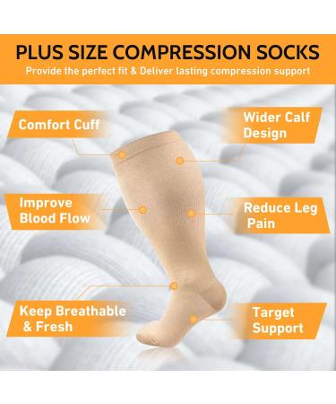 3 Pairs Plus Size Compression Socks 20-30 mmHg for Wide Calf - 3XL Nude 3PCS - Knee High Flight Socks for Women & Men - Circulation Support - Buy Online on GoSupps.com