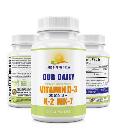 Our Daily Vites Vitamin D-3 25 000 IU + K2 - High Potency D3 with Vitamin K Bone Immune Mood + Cardiovascular Support Supplement