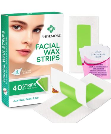 Facial Wax Strips - Hypoallergenic All Skin Types - Facial Hair Removal For Women - Gentle and Fast-Working for Face, Eyebrow, Upper Lip, Chin (40 Wax Strips + 4 Calming Oil Wipes) Green
