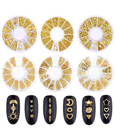 Beuniar Nail Micro Beads Studs 3D Nails Supply Gold Art Decorations Charms Metal 6 Boxes Star Moon Heart Triangle Square Rivet for Fingernails & Toenails Decor