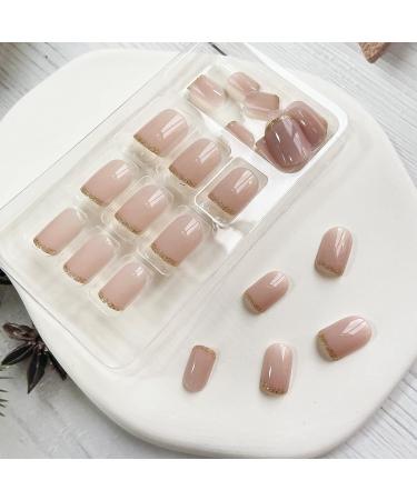 French Gold Glitter Short Square Press on Nails - 24Pcs Acrylic Full Cover Glossy Nude Tips for Women and Girls - Buy Online on GoSupps.com