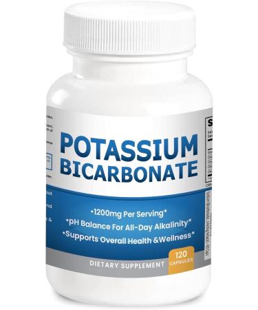 Pure Potassium Bicarbonate Supplement Capsules pH Balance Pills High Potassium Electrolytes 1200mg Serv. USA Made Bicarbonate Food Grade Acid-Alkaline Balance Immunity Endurance 120 caps 120 Count (Pack of 1)