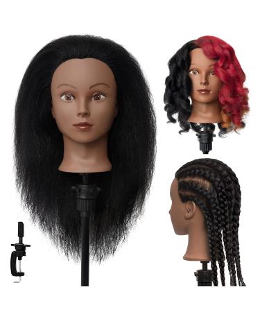MEIBR Mannequin Head 100% Real Hair 16 inch Styling Training Head Hairdresser Cosmetology Manikin Practice Head Doll Head with Free Clamp Holder (Black)