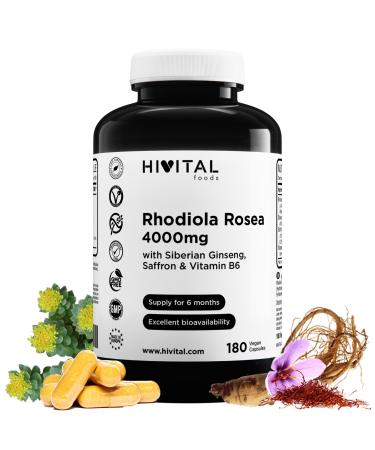 Rhodiola Rosea 4000 mg. 180 vegan capsules for 6 months of treatment. Rhodiola with 3% Salidr sides with Siberian Ginseng Saffron and Vitamin B6.