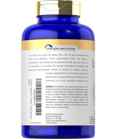 Carlyle L-Arginine 500 mg Capsules | 240 Count | Nitric Oxid Precursor | Free Form Amino Acid | Non-GMO & Gluten Free Supplement - Buy Online on GoSupps.com