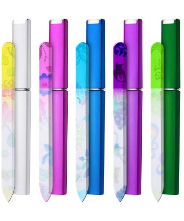 5 Pieces Glass Nail File Buffers with Cases Colorful Printed Finger Nail Files Crystal Glass Nail Buffers Double Sided Manicure Tools for Women Men(Classic Pattern)