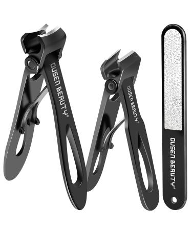 Nail Clippers for Thick Nails Wide Jaw Opening Nail Clippers with Curved and Slant Straight Blade Edge Heavy Duty Thick Toenail Clippers Fingernail Cutters Set with File for Seniors Adult Men Women Black (Curved + Straight)