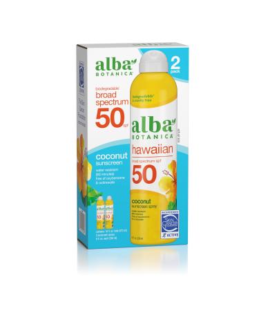 Alba Botanica Hawaiian Coconut Sunscreen Spray Broad Spectrum SPF 50 Sunscreen Water Resistant and Biodegradable 8 fl oz Bottle (Pack of 2) 16 Ounce (Pack of 1) SPF 50