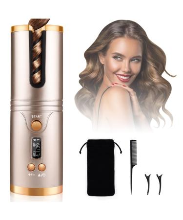 Hair Curler, Nityrliv Hair Curling Iron Cordless Automatic Curler Portable Rechargeable Silky Curls Fast Heating Wireless Auto Curler with Timer Setting and 6 Temperature Adjustable (Gold) (Gold) A-gold