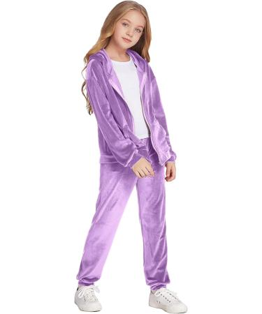 Hopeac Girls Velour Zip Up Hoodie Sweatsuit Set Lavender 13-14 Years - Buy Online on GoSupps.com
