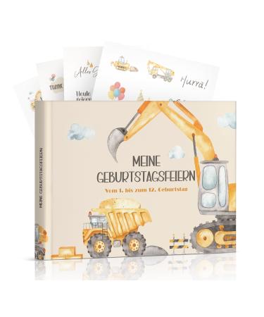 Birthday book memory album with stickers |My child's birthday from 1 to 12 photo book album |Reminder book for filling out for boys |Gift for boys (excavator a)