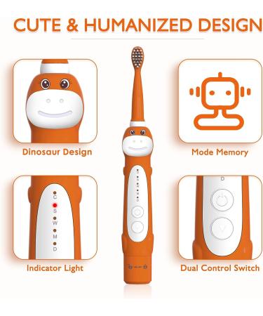 CHAIN PEAK Dinosaur Kids Sonic Electric Toothbrush for Children 3-12 | 30s Reminder, 2 Mins Timer, 5 Modes | 8 Brush Heads, Rechargeable | Orange | Wall-Mounted Holder - Buy Online on GoSupps.com
