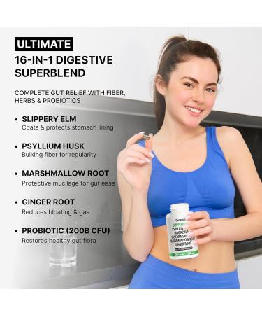 16 in 1 Slippery Elm Bark for Women & Men - Digestive Health & Leaky Gut Wellness Supplement - Probiotic Psyllium Husk Cascara Magnesium & Marshmallow Root Complex - DGL Licorice Extract Capsules Slippery Elm Bark 30 Ser  - Buy Online on GoSupps.com