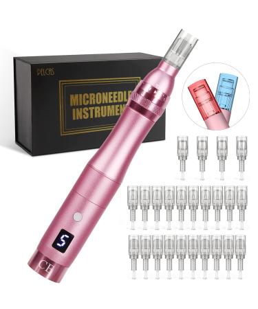 PELCAS 2 in 1 Microneedling Pen Derma Pen with 2 LED Colors & 6 Speeds Dermapen LCD Display with 24 Replacement Cartridges Rechargeable Cordless 0-2 mm Adjustable for Skin Care