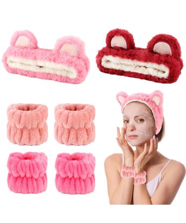 AMCAMI 6 Pcs Spa Headband Face Wash Headband and Wristband Set  Girls' Cute Bear Ears Headband Plush Animal Makeup Skincare Headbands with Face Washing Wristband for Women pink red