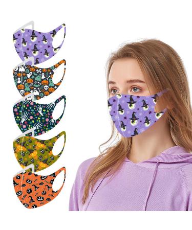 Yliquor 5pc Adult Halloween Mouth Mask for Protection Face and Nose Health Washable Earloop Mask Reusable Washable for Men Women Adults (5 PC O)