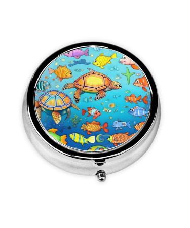 Turtle and Fishround Pill Box 3 Compartment Round Pill Box Organizer Portable Travel Pill Box for Traveling.