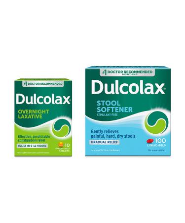 Dulcolax Overnight Relief Laxative for Gentle Constipation Relief Bisacodyl 5 mg Tablets 10 Ct Gentle Relief Stool Softener Laxative Docusate Sodium 100mg Liquid Gel Tablets 100 Ct