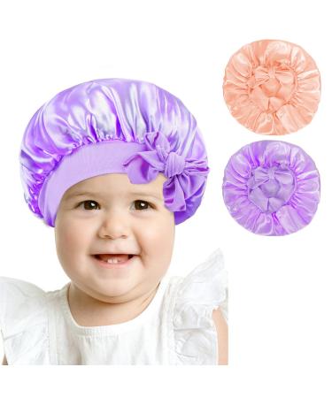 Arqumi Silk Satin Bonnet for Kids 2Pcs Soft Baby Bonnet Sleeping Cap with Elastic Strap Adjustable Night Cap Hair Bonnet for Toddler Child Teens Nude&Purple One Size Nude&Purple