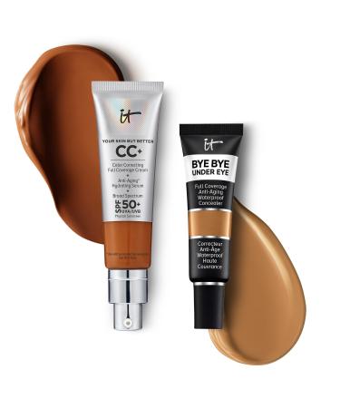 IT Cosmetics CC+ Cream with SPF 50+ Natural Finish Full Coverage Foundation (Rich Honey - 1.08 fl oz) & Bye Bye Undereye Concealer Anti-Aging Makeup (35.0 Rich Amber - 0.4 fl oz)