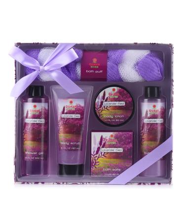 Lavender Fields Bath and Body Gift Set for Women. Home Spa set includes shower gel bubble bath body scrub body lotion bath salt and Loofa