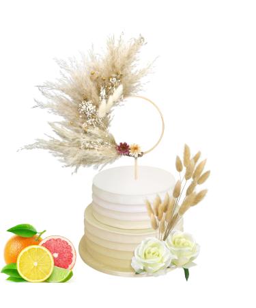 Upgraded Boho Cake Topper Decorations Natural Pampas Grass Dried Flower Cake Toppers with wooden Wreath Hoop Bunny Tails Grass Cake Decor for Bohemian Wedding Bridal Baby Shower Birthday Party 13PCS