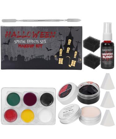 Halloween Special Effects SFX Zombie Makeup Kit 6 Colors Bruise Makeup Face Body Painting Palette Scar Wax Spatula Tool Fake Blood Spray Coagulated Blood With Sponges for Halloween Demonic Cosplay