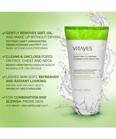 Vitayes Green Tea Face Wash Gel - Ideal for Acne & Blemish-Prone Skin Vegan Thorough Cleansing Without Skin Dryness Free from Silicones and Mineral Oils 150ml - Buy Online on GoSupps.com