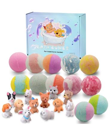 Bath Bombs for Kids with Puppy Toys Inside Kids Bath Bombs Organic Bubble Bath Fizzies Bomb 3.5 oz/per 12 Pcs Set Birthday/Christmas Surprise Gift for Girls & Boys