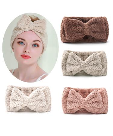 Senllori 4 pieces Spa Bowknot Hair bands coral fleece makeup Bow headband elastic cosmetic headband for washing the face shower yoga sport skin care