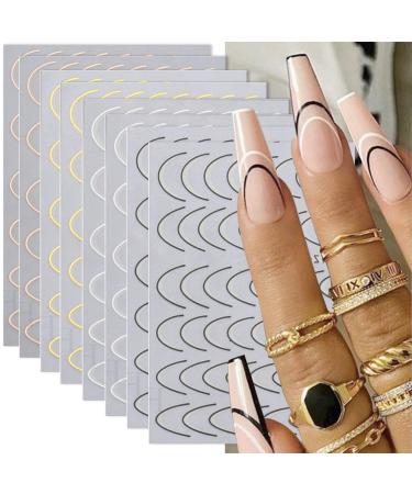 French Line Nail Art Stickers Decals Nail Decorations 8 Sheets Exquisite Noble Gold Silver Black Rose Gold U-Shaped Line Stripe Tape Nail Designs for Women Girls (U-Shaped)