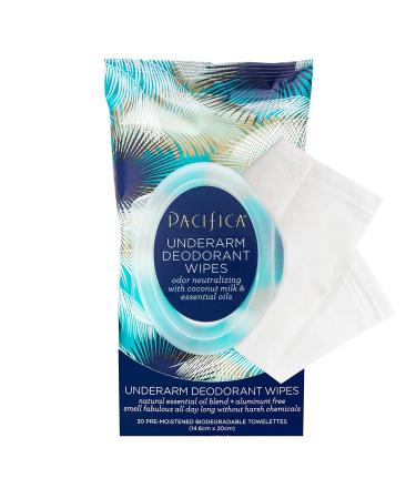 Pacifica Beauty, Coconut Milk & Essential Oils Underarm Deodorant Wipes, 30 Count, Remove Odor On-The-Go, Aluminum Free, Travel Friendly, Fresh Coconut Scent, 100% Vegan and Cruelty Free Coconut Milk & Oil - Pack of 1