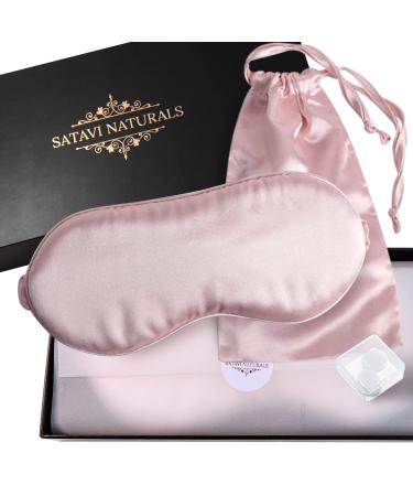 Satavi Naturals Organic Mulberry Soft Silk Eye Mask for Sleeping with Ear Plugs & Luxury Bag - Cooling Night Eye Covers Sleep Face Mask for Women - Blindfold Travel Eye Mask Blocking Out Light - Pink