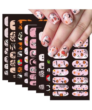 8 Sheets Halloween Nail Wraps Stickers DIY Self-Adhesive Nail Art Decals Full Wraps with Pumpkin Bat Spider Skull Designs Halloween Nail Wraps Decals Manicure Decor for Women Nail Accessories Halloween Style 2